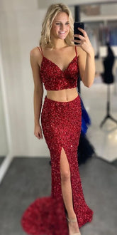 Simple Two Piece Sequins Prom Dress Red Mermaid - MyChicDress